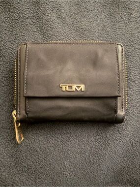 Tumi Black Compact Zip Wallet with Gold Logo